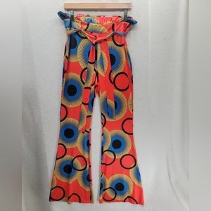 Banjul Flare Wide Leg Geometric Hippie Multi Color Tie Pants Size- L